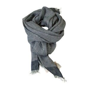 SASSO + SMYTH Womens Scarf Linen Blend Fringe Details Navy White One Size